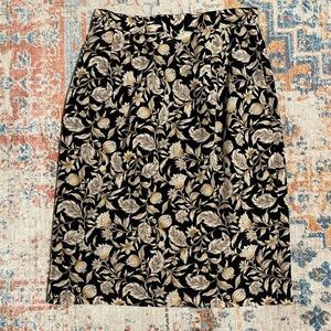 Talbots 100% silk black and cream floral knee-length pencil skirt